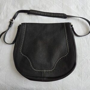 Cole Haan Black Leather Crossbody Studded Biker Saddlebag Purse Magnetic Close